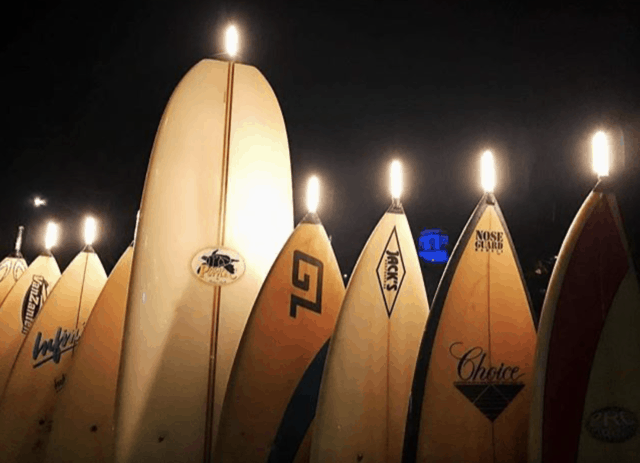 A Menorah, Laguna Beach style, made of surfboards, a California take on holiday decorating. Image courtesy of Visit Laguna Beach.
